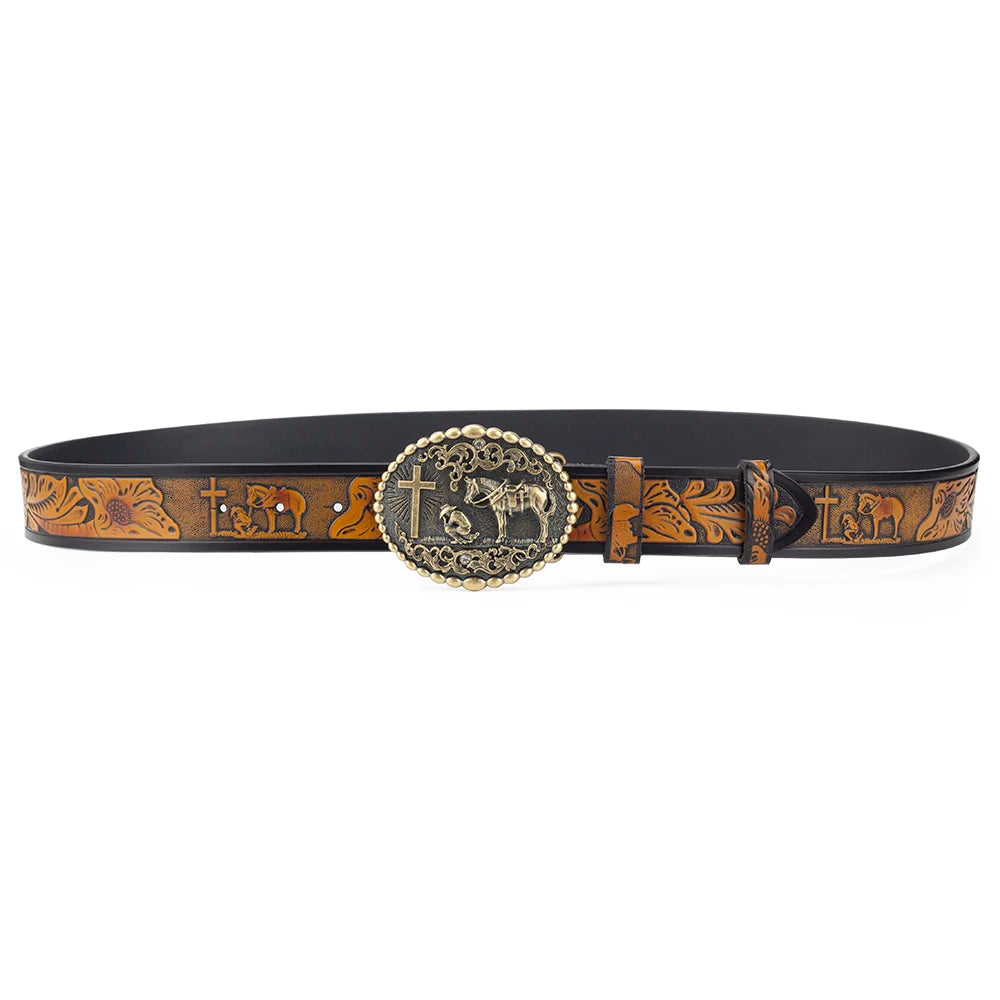 Cinto Country Feminino Couro Fivela Cruz e Cavalo Rodeio