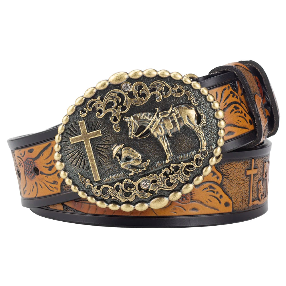 Cinto Country Feminino Couro Fivela Cruz e Cavalo Rodeio