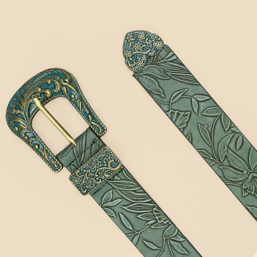 Cinto Country Feminino Verde Militar Gravação de Folhas
