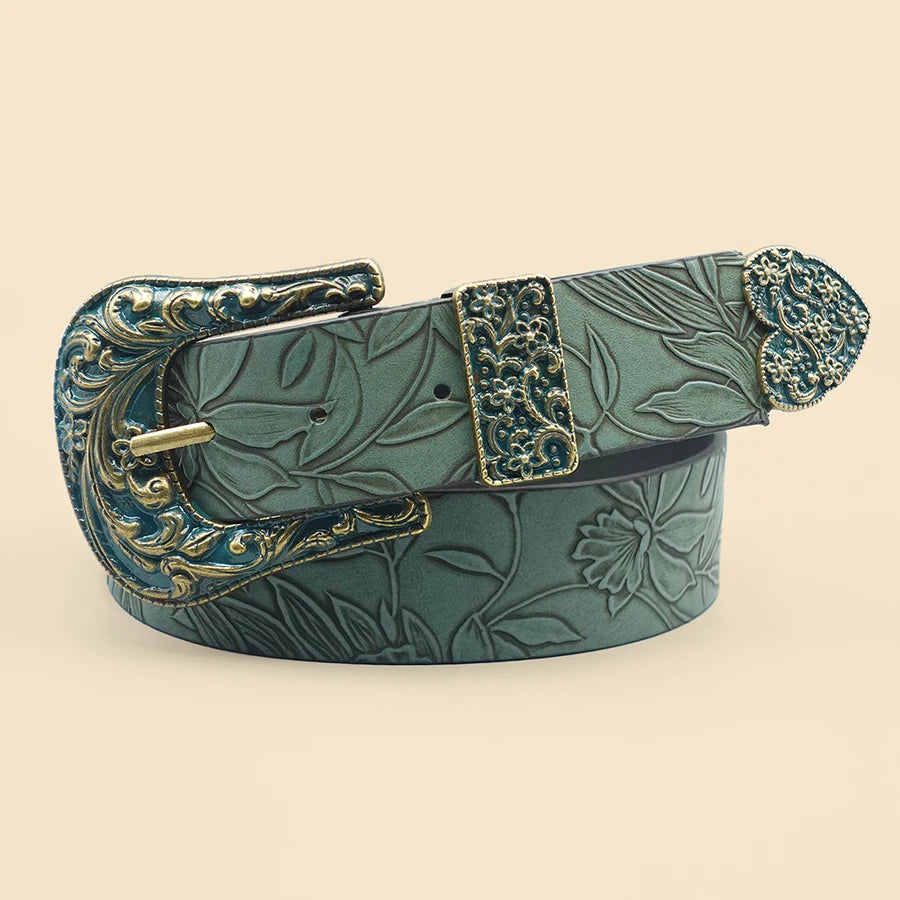 Cinto Country Feminino Verde Militar Gravação de Folhas