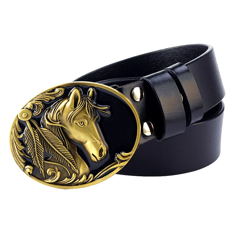 Cinto Country Feminino Couro Fivela Dourada Cabeça de Cavalo
