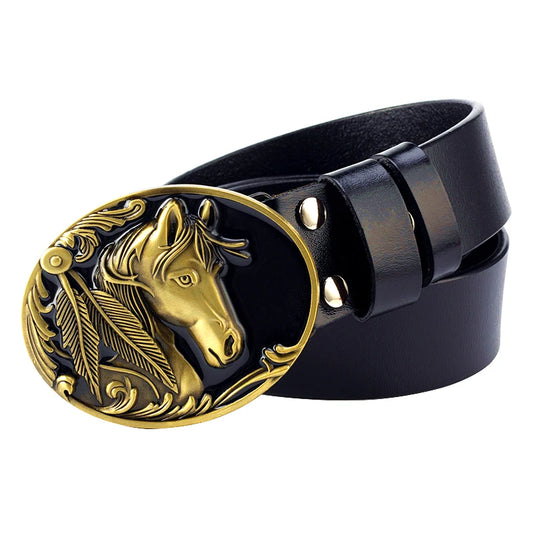Cinto Country Feminino Couro Fivela Dourada Cabeça de Cavalo