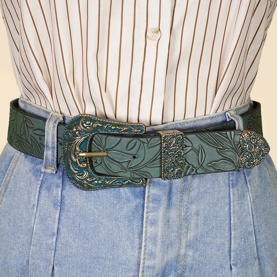 Cinto Country Feminino Verde Militar Gravação de Folhas